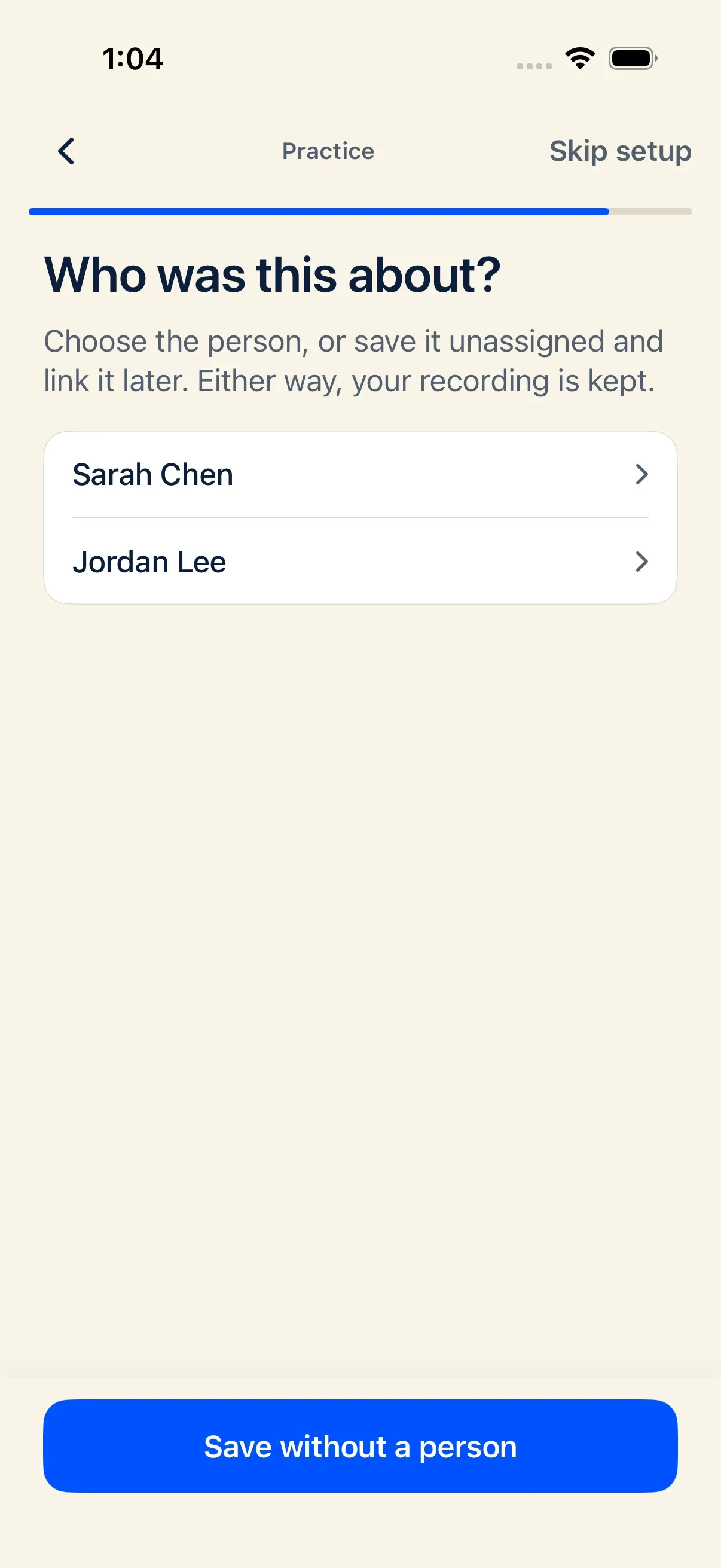 iPhone Choose a person routing sheet after finishing a recording, showing roster search and Save as unassigned