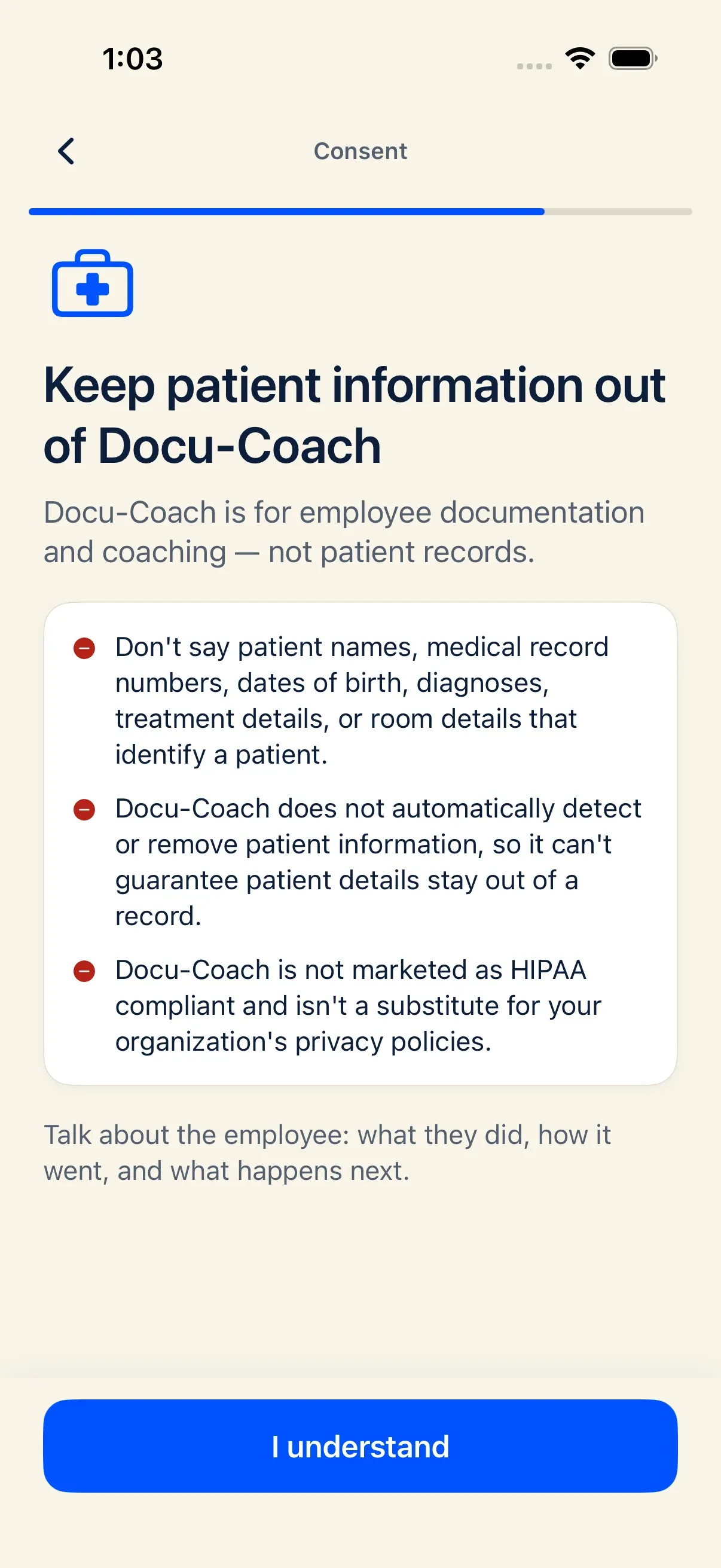 iPhone onboarding Healthcare guidance screen explaining that Docu-Coach is for staff management records and does not detect or remove patient information