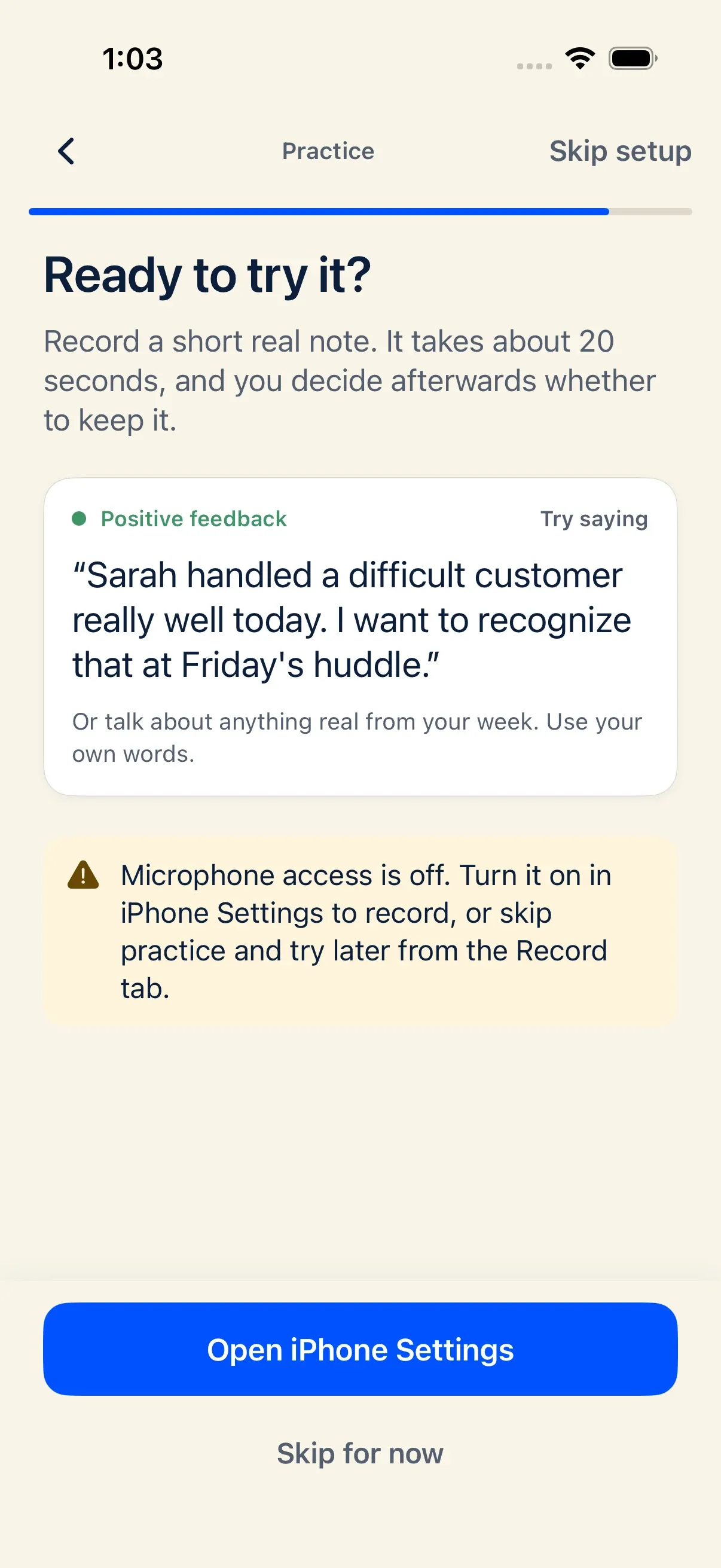 iPhone alert when microphone access is denied, offering Open Settings and Not now