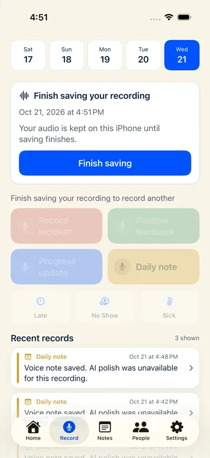 iPhone Record screen showing an offline pending recording card kept safely on the iPhone