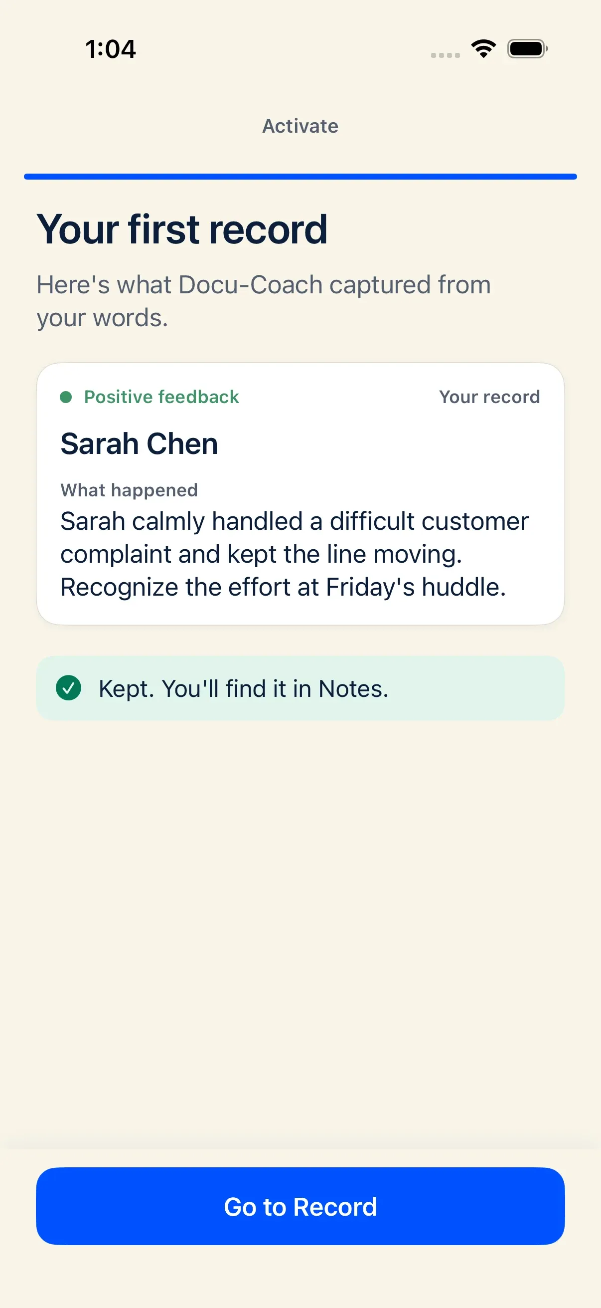 iPhone screen showing a Positive Feedback recording saved and kept on the employee’s timeline