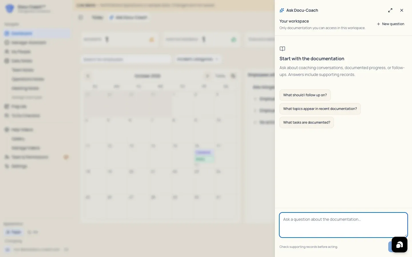 Web Ask Docu-Coach panel showing grounded answers and source citation controls