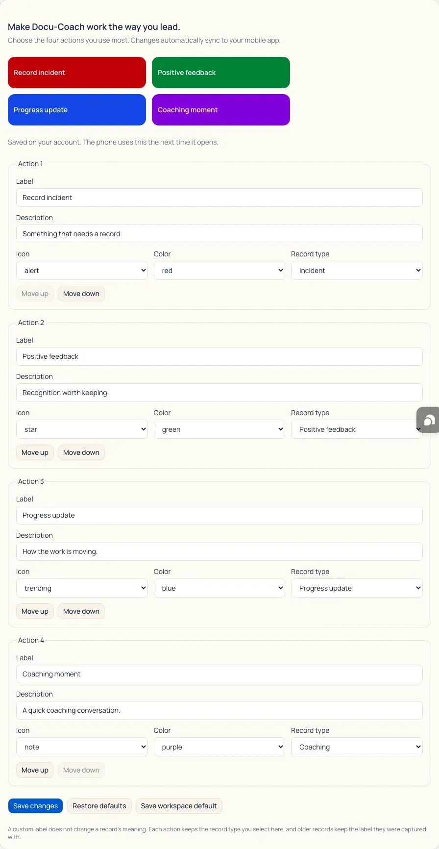 Web Settings Capture tab showing the four customizable capture actions preview and Action 1-4 editors