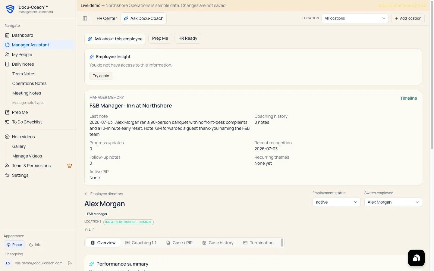 Web Employee Command Center showing an employee’s record summary and positive feedback context