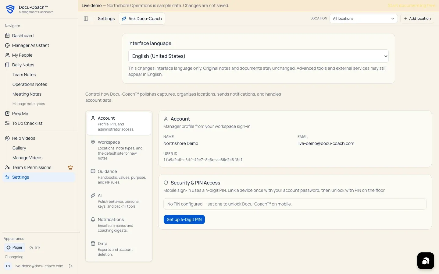 Web Settings Data tab showing the Data export card with Export all to CSV and the Delete account card