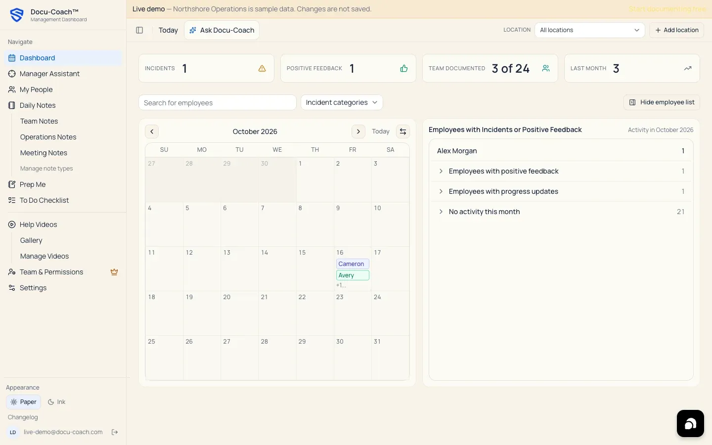 Docu-Coach Management Dashboard workspace overview