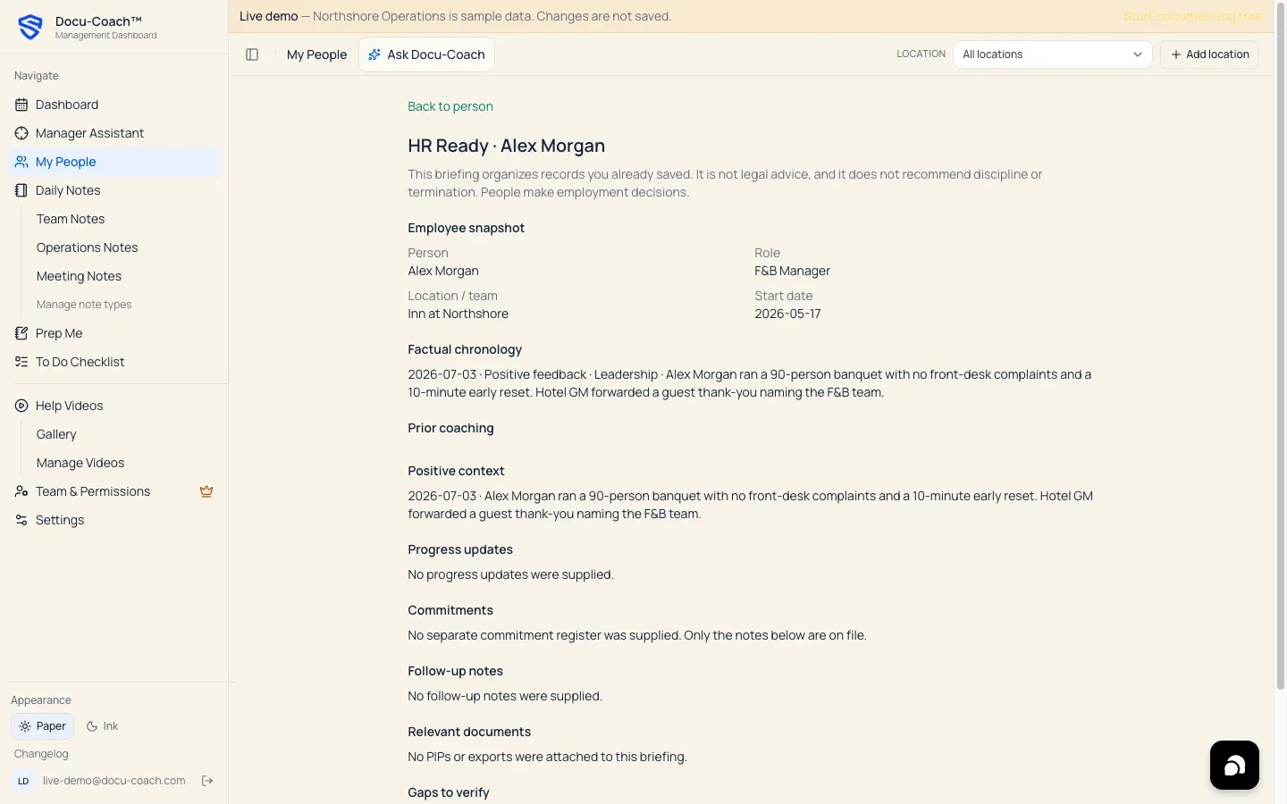 Web HR Ready chronology page for an employee showing the Employee snapshot, Factual chronology, Prior coaching, Positive context, and Gaps to verify