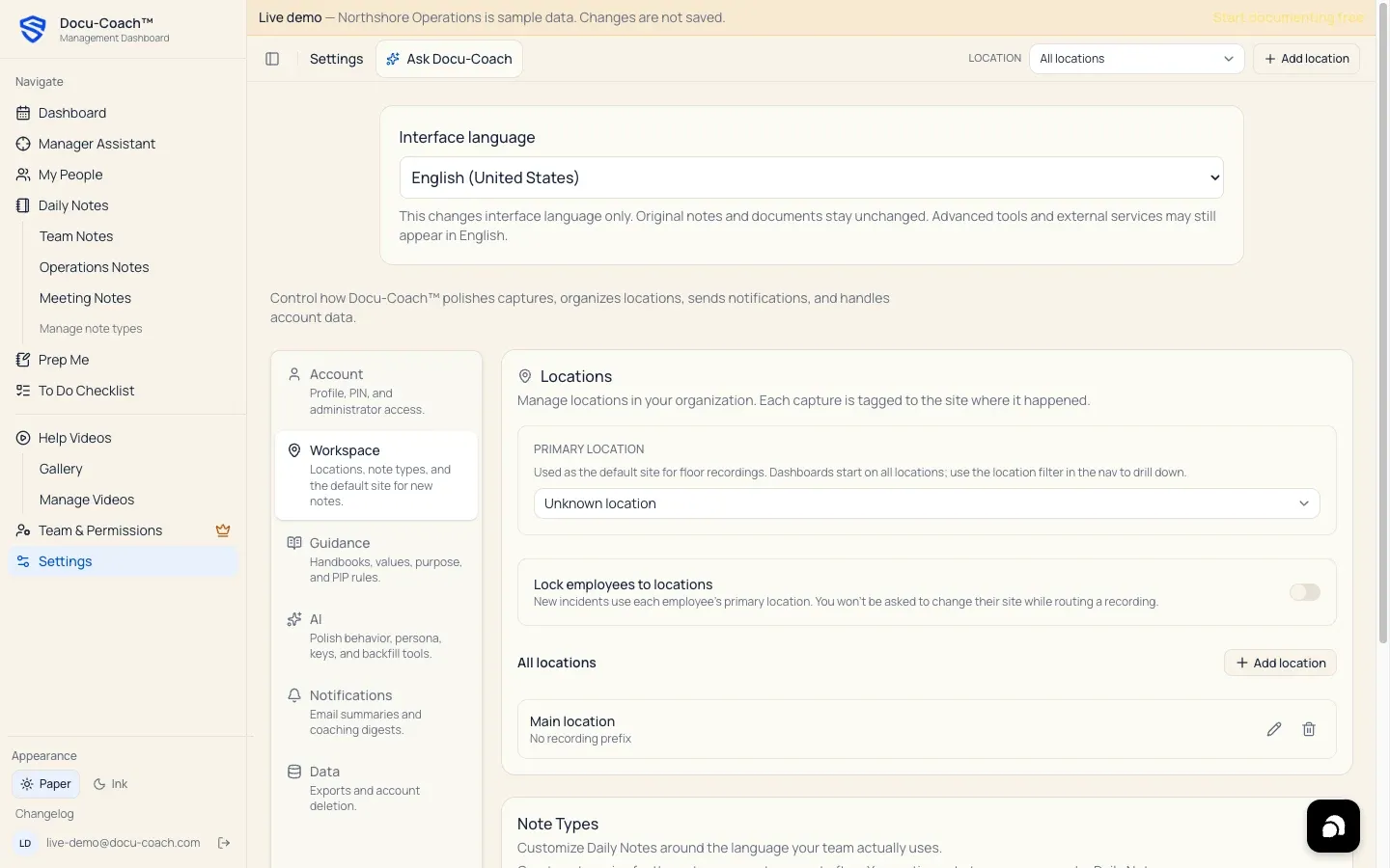 Web Settings Workspace tab showing the Locations card with Primary location selector, Lock employees to locations toggle, and All locations list