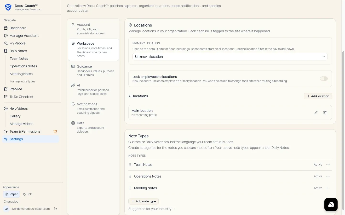 Web Settings Workspace tab showing the Note Types card with Team Notes, Operations Notes, Meeting Notes, Add note type, and Suggested for your industry