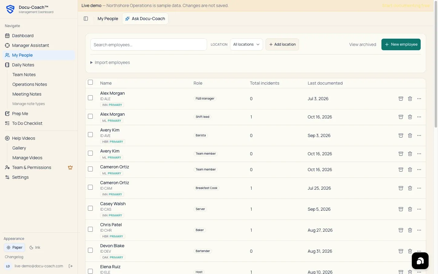 Web My People directory showing relationship filter pills, employee search, location filter, Import employees disclosure, and active roster table