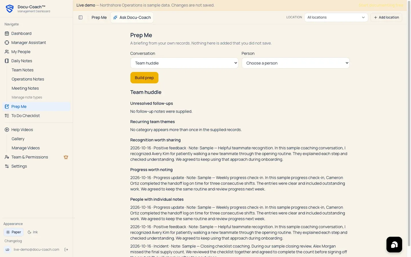 Web Prep Me page showing Conversation and Person selectors and a generated briefing with linked records