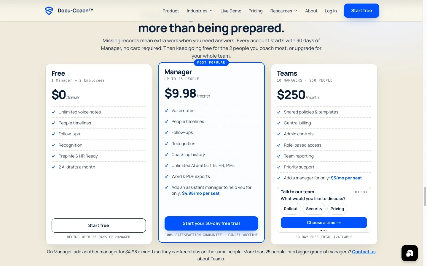 Docu-Coach pricing section showing Free, Manager, and Teams plans