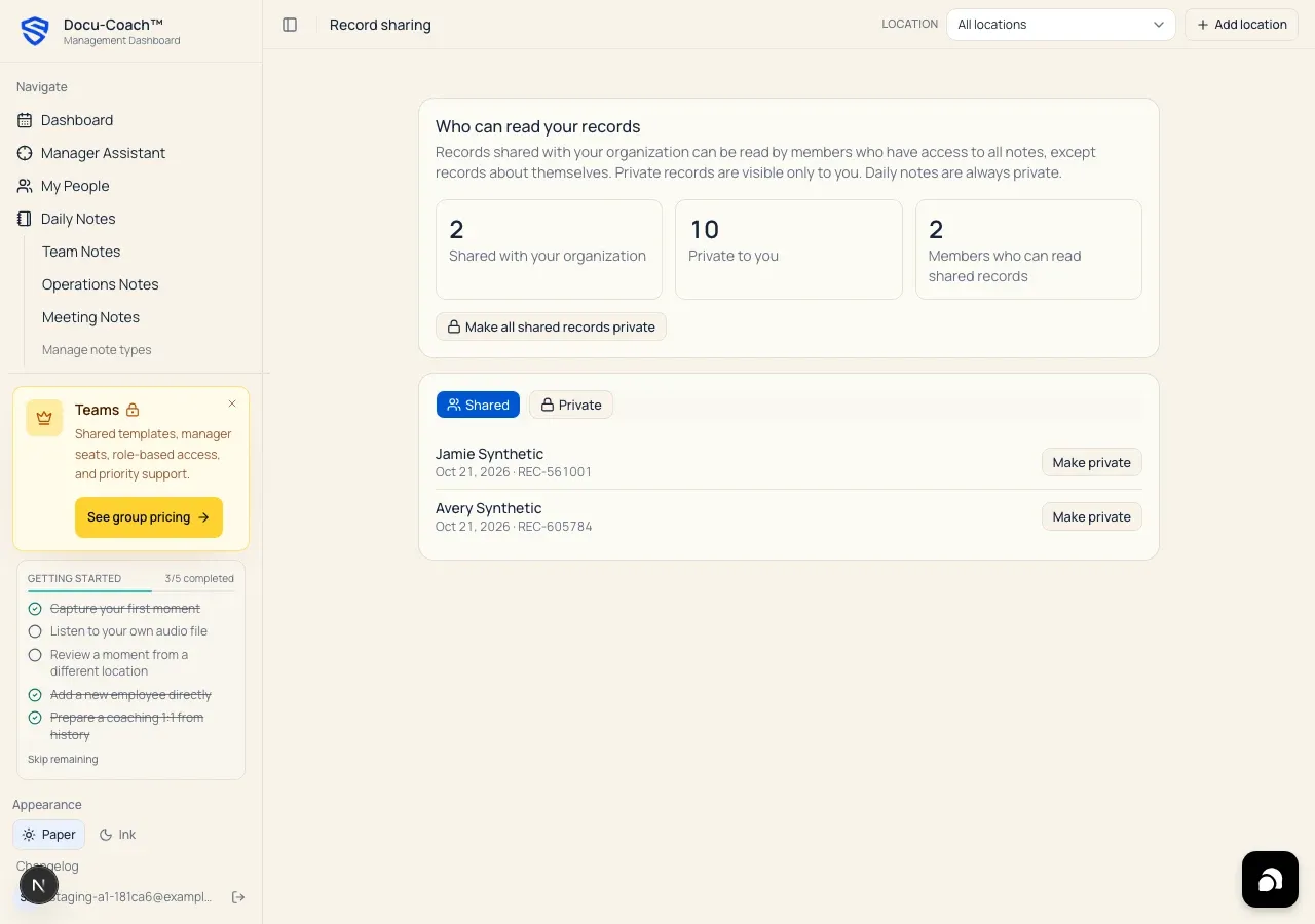 Web Record sharing page showing Shared with your organization, Private to you, Members who can read shared records, and the Shared tab list