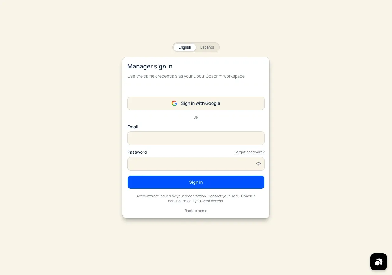 Docu-Coach Manager sign in page on desktop web with a sliding English/Español switch, Google sign-in, and email/password fields