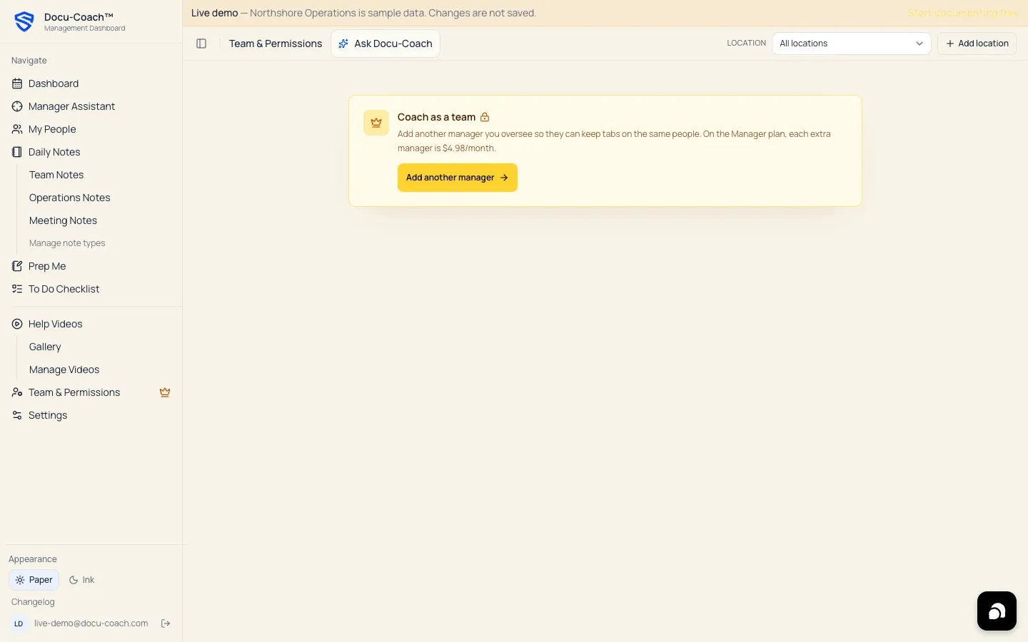 Web Team & Permissions page showing seat usage, Add user button, and member role and permission list
