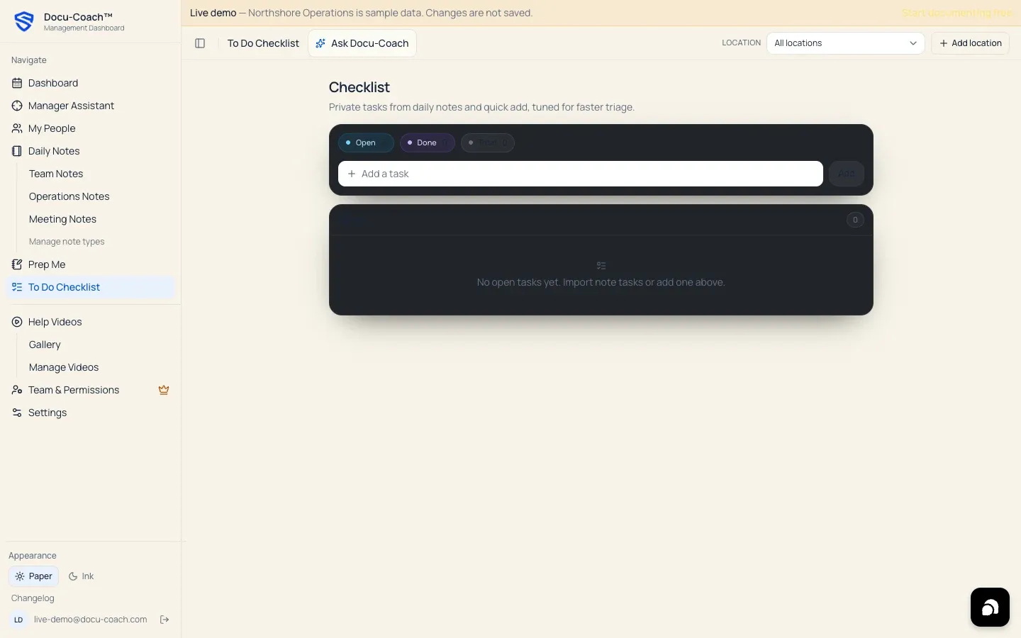 Web To Do Checklist screen showing quick-add task input, AI-extracted tasks from Daily Notes, and completed items