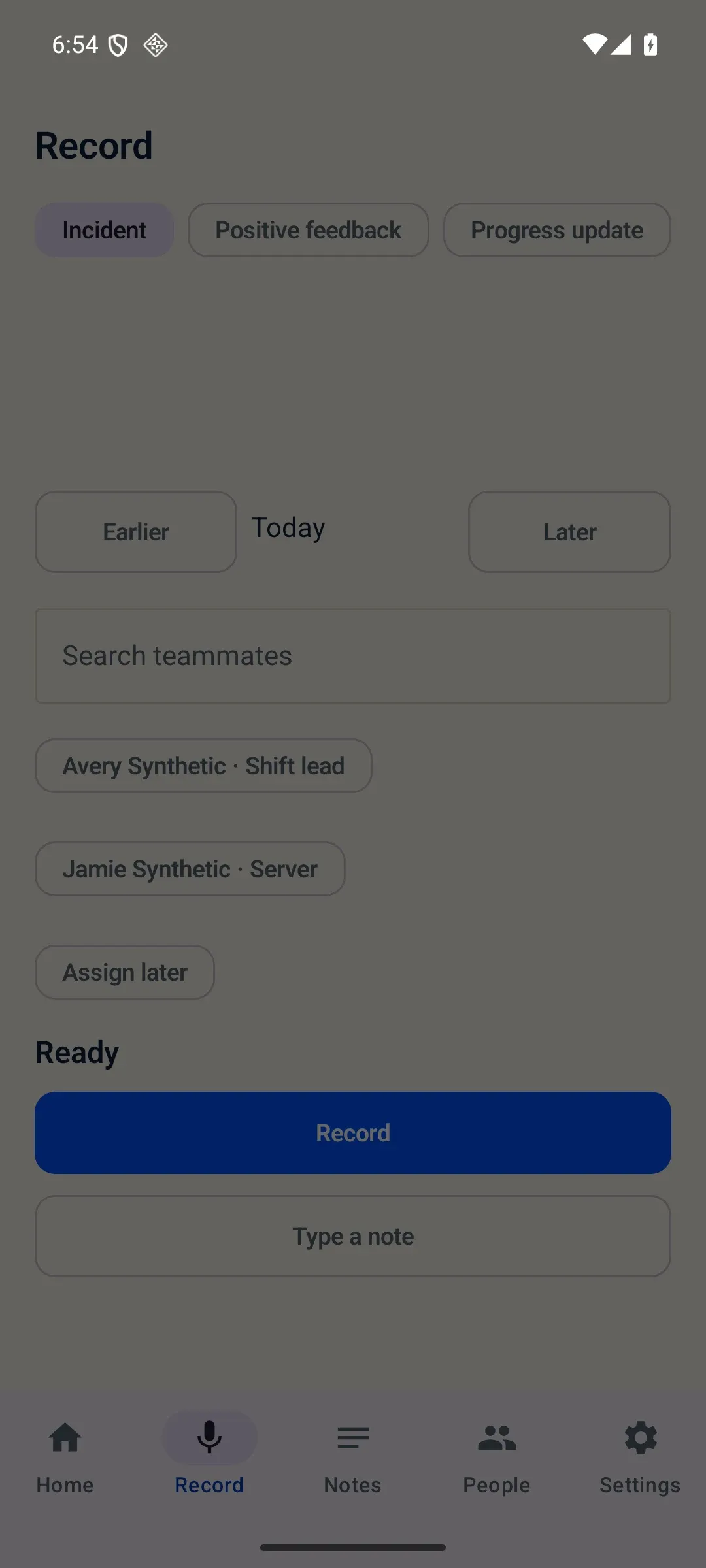 Docu-Coach for Android Record screen showing Incident, Positive feedback, and Progress update selectors, Today date selector, teammate search, and Record / Type a note buttons