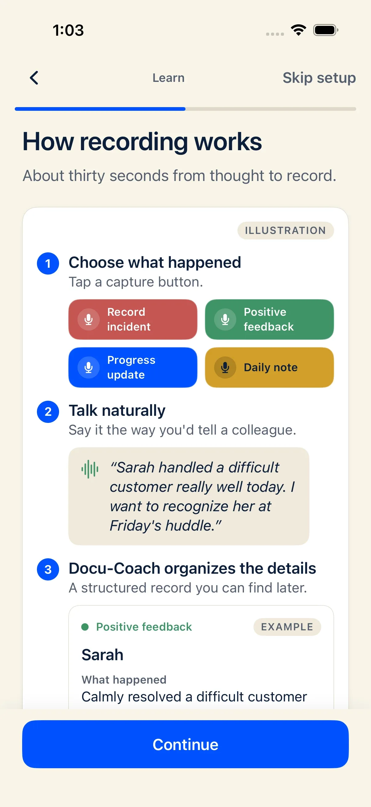 iPhone onboarding walkthrough showing how voice recording turns into a structured note