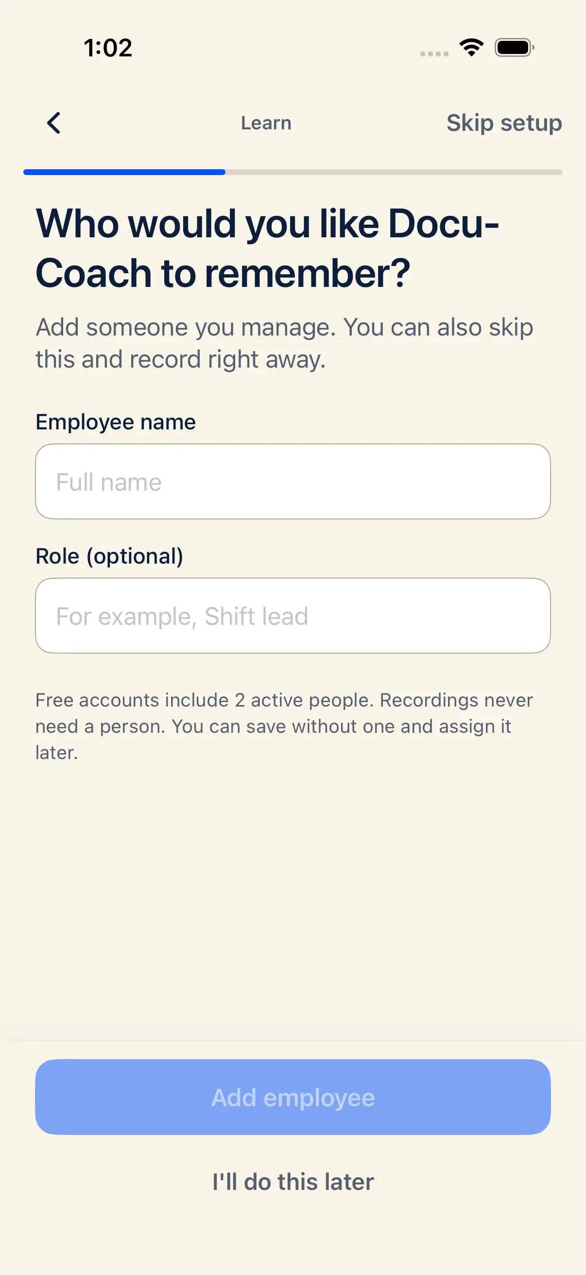iPhone Add employee screen showing name, role, and location fields