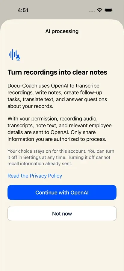 iPhone modal stating AI processing should be turned on in Settings before recording