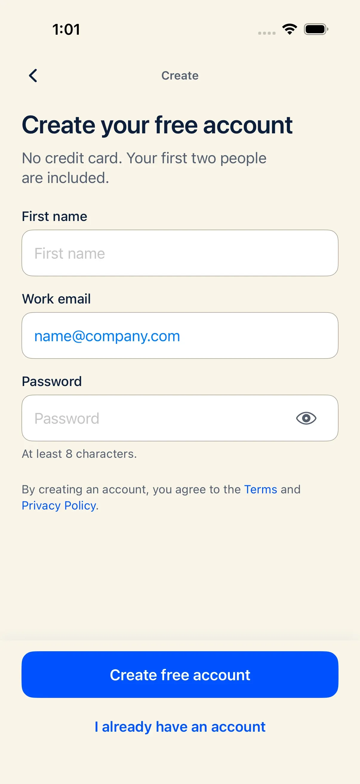iPhone Create free account screen with first name, email, and password fields