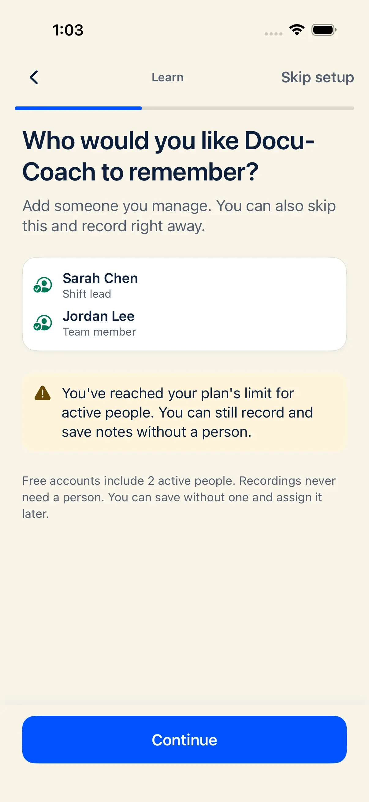 iPhone onboarding screen showing the active employee plan limit notice