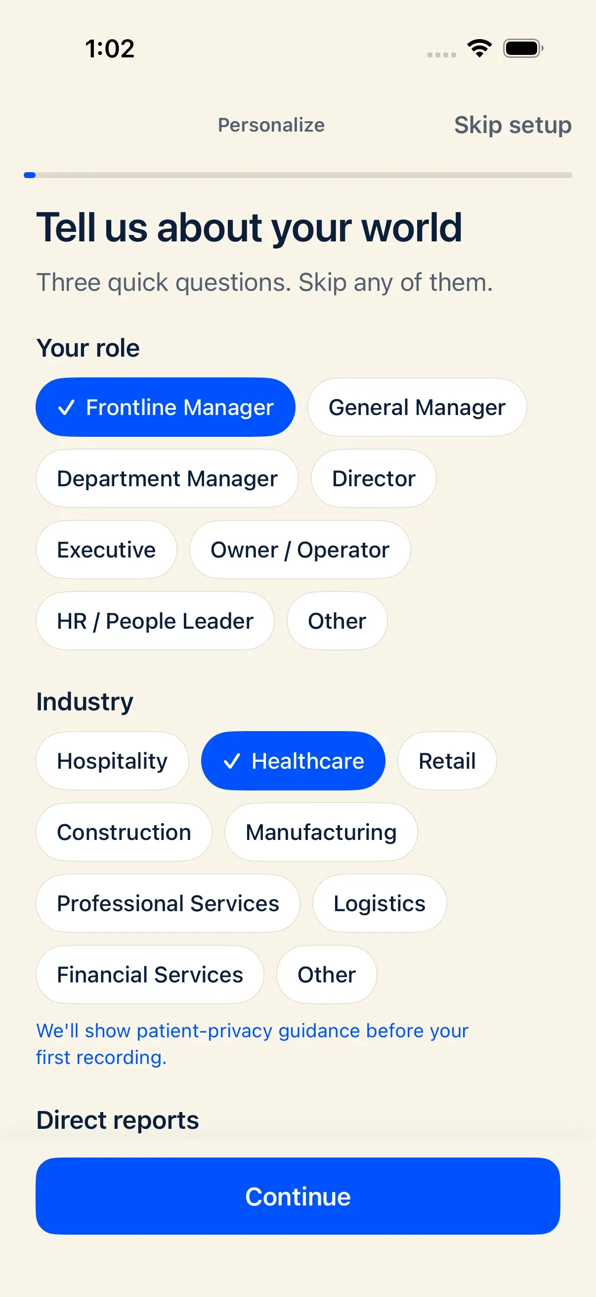iPhone onboarding profile screen with Healthcare selected