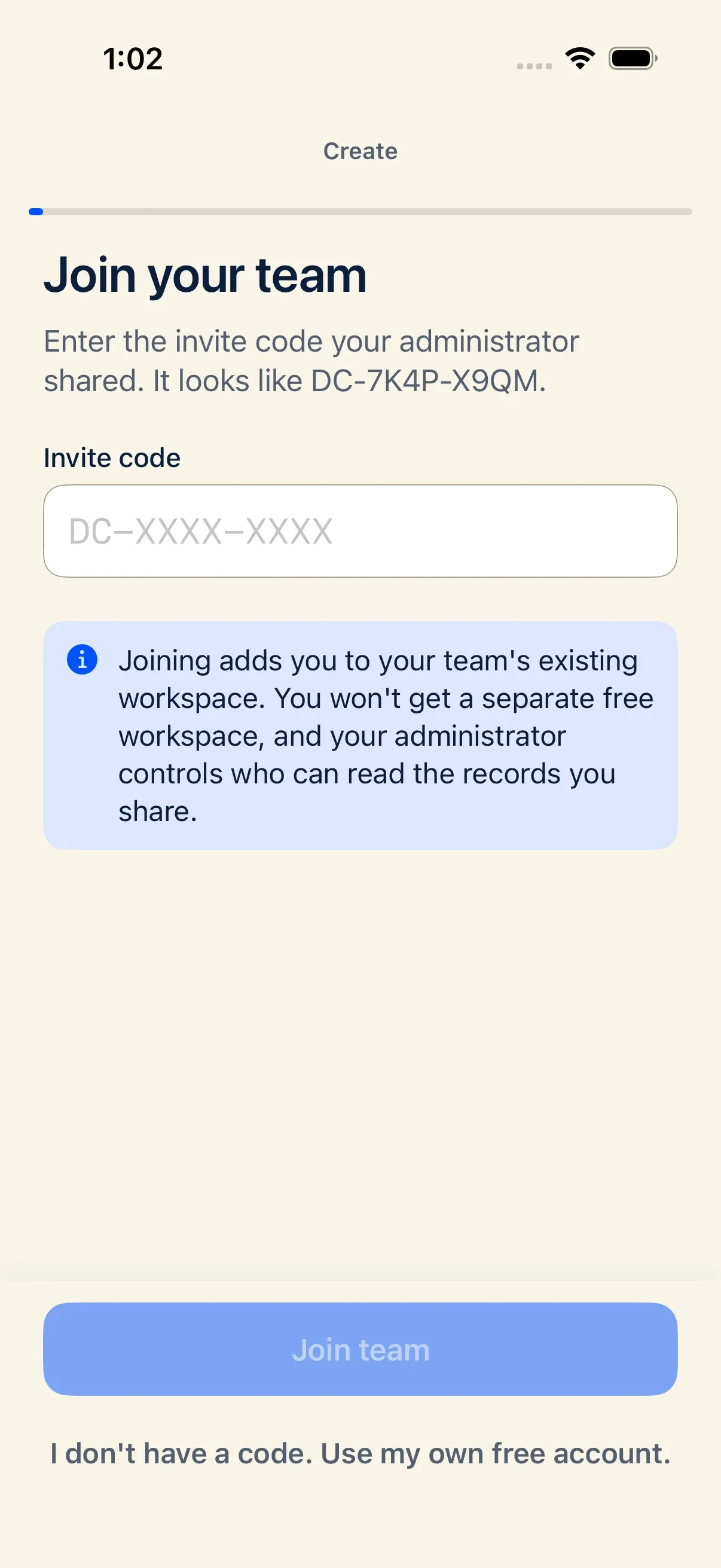 iPhone onboarding screen for entering a manager invite code