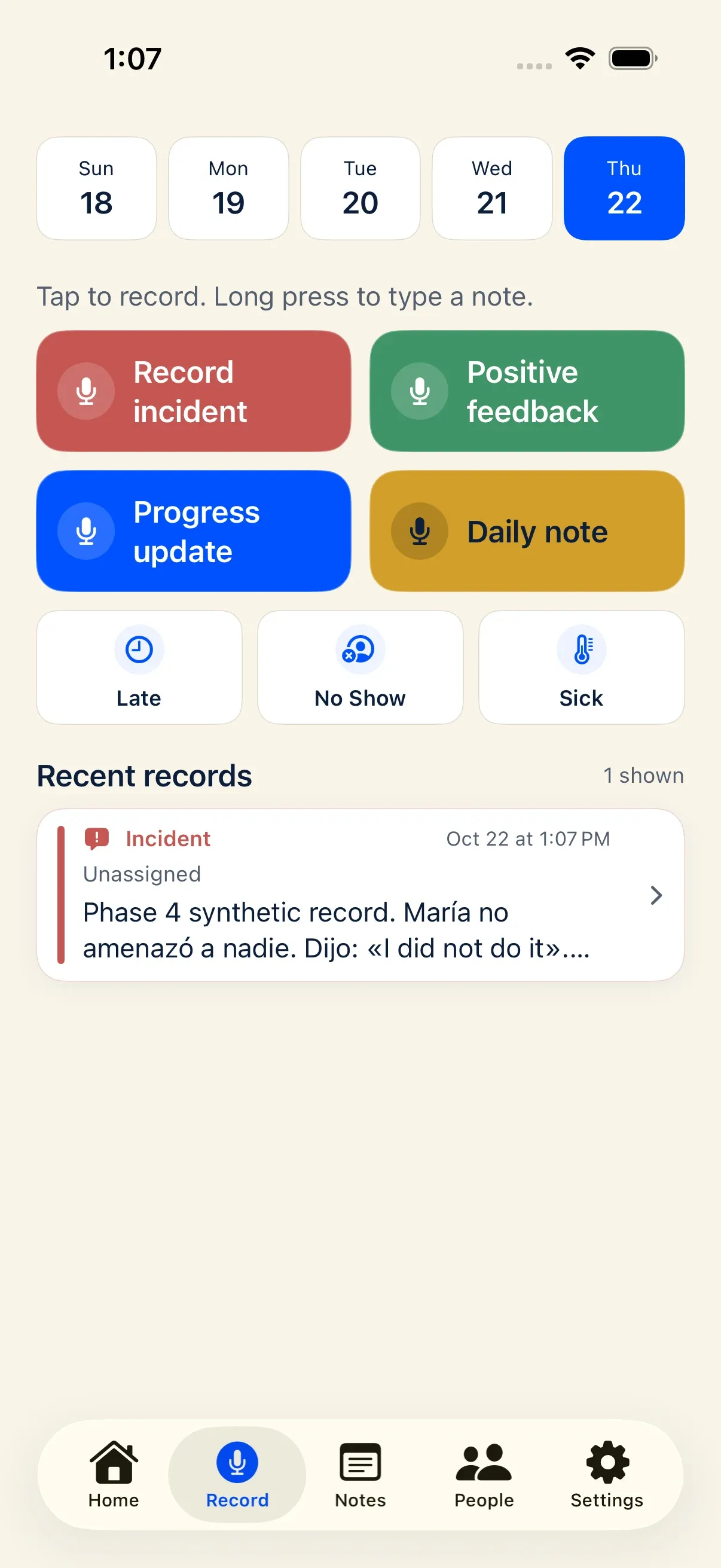 Docu-Coach iPhone Record tab showing the 5-day calendar strip, four capture buttons, attendance buttons, and recent records