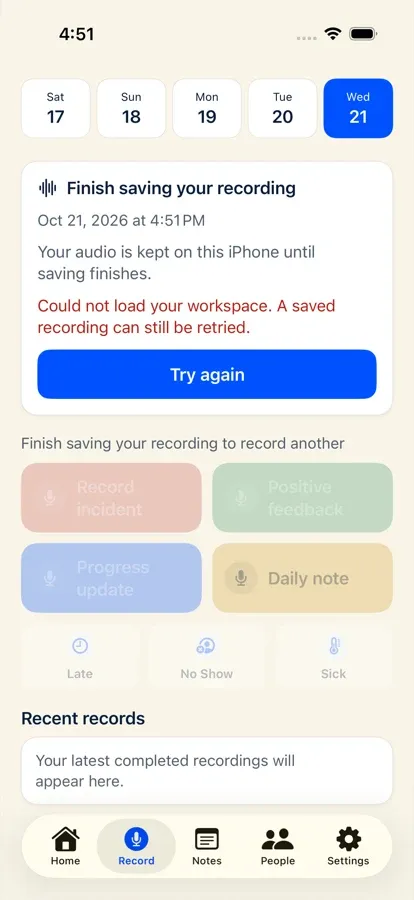 iPhone Record screen showing the Retry saving recovery card when back online