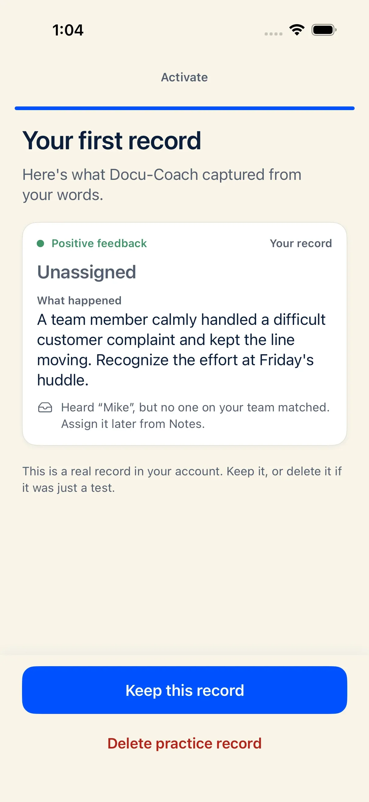 iPhone confirmation screen showing a recording saved as Unassigned
