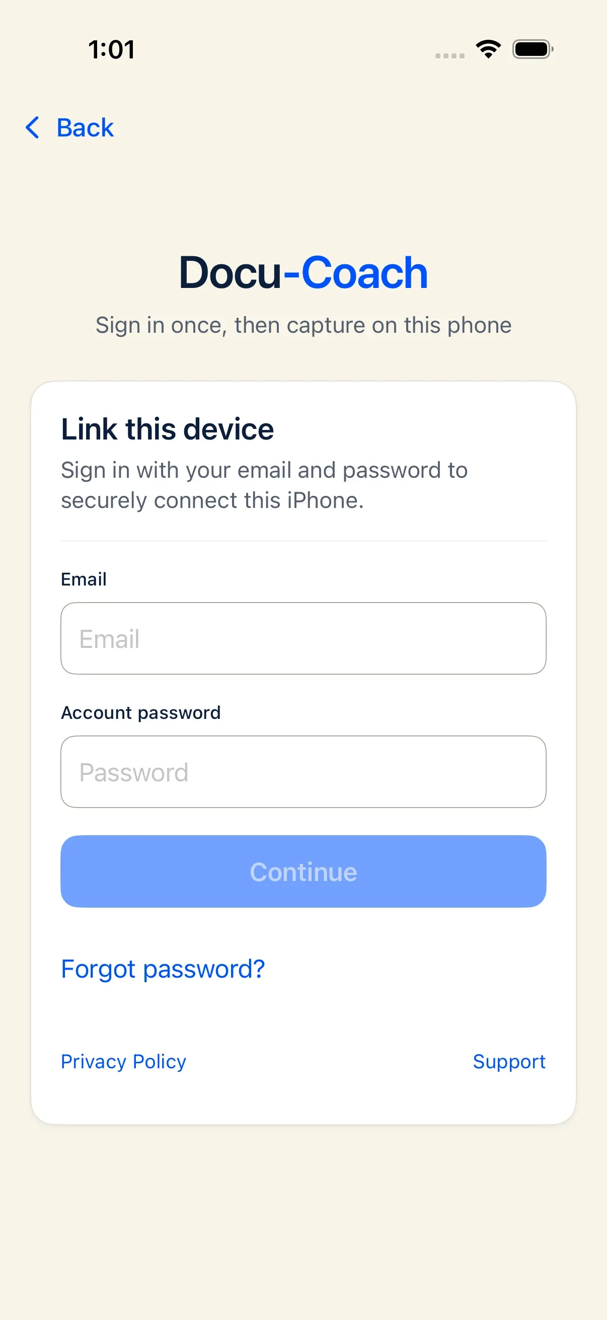 Docu-Coach iPhone native sign-in screen