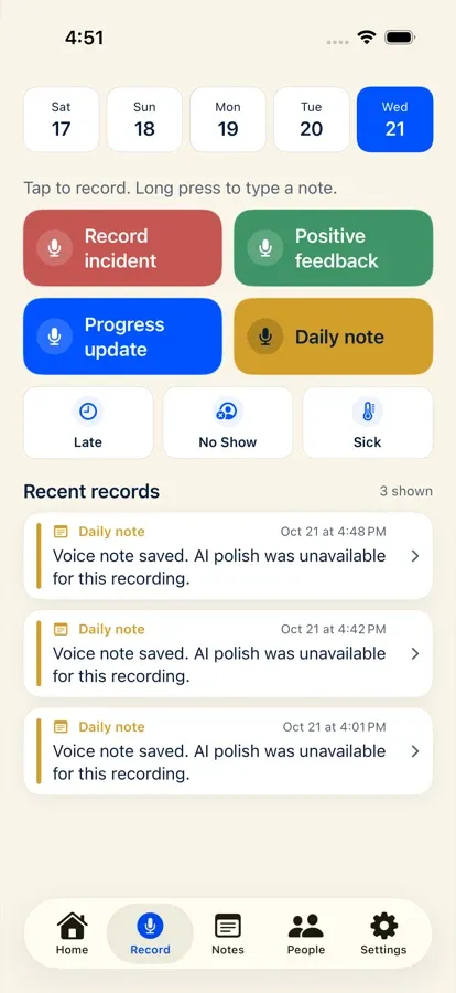 iPhone Record screen showing the instruction: Tap to record. Long press to type a note.