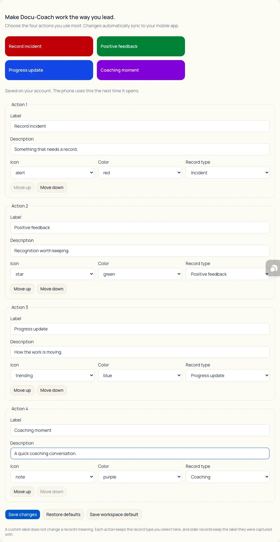 Web Settings Capture tab showing edited custom labels and colors before saving