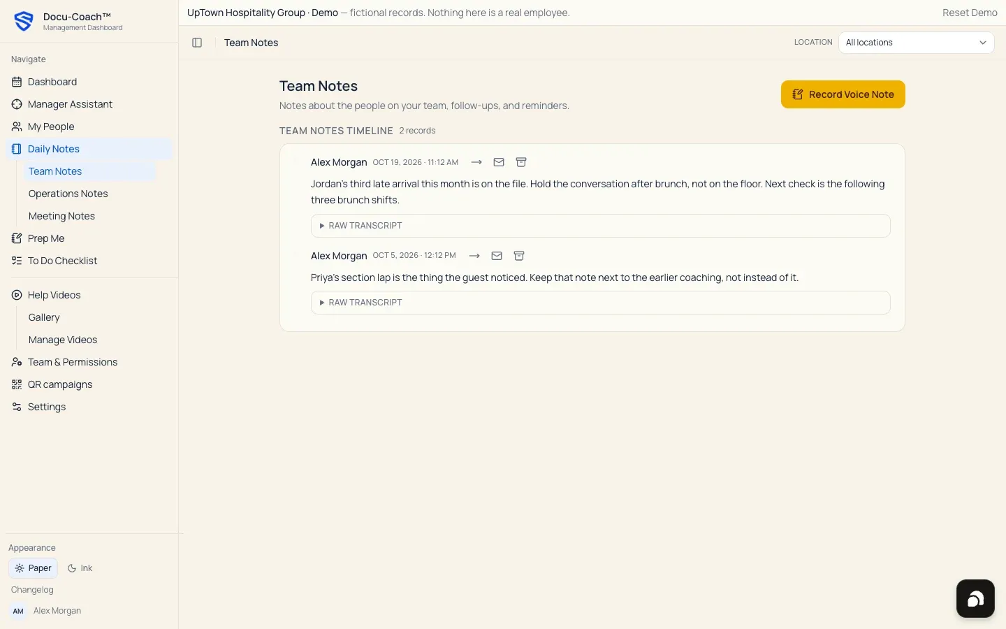 Web Daily Notes filtered to the Team Notes category