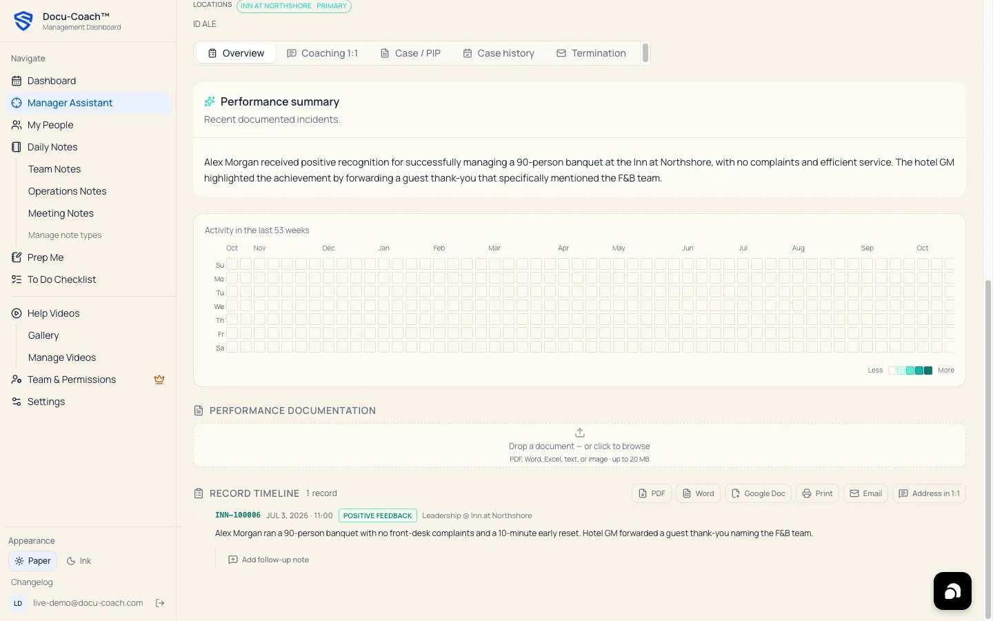 Employee Command Center showing timeline records and export options