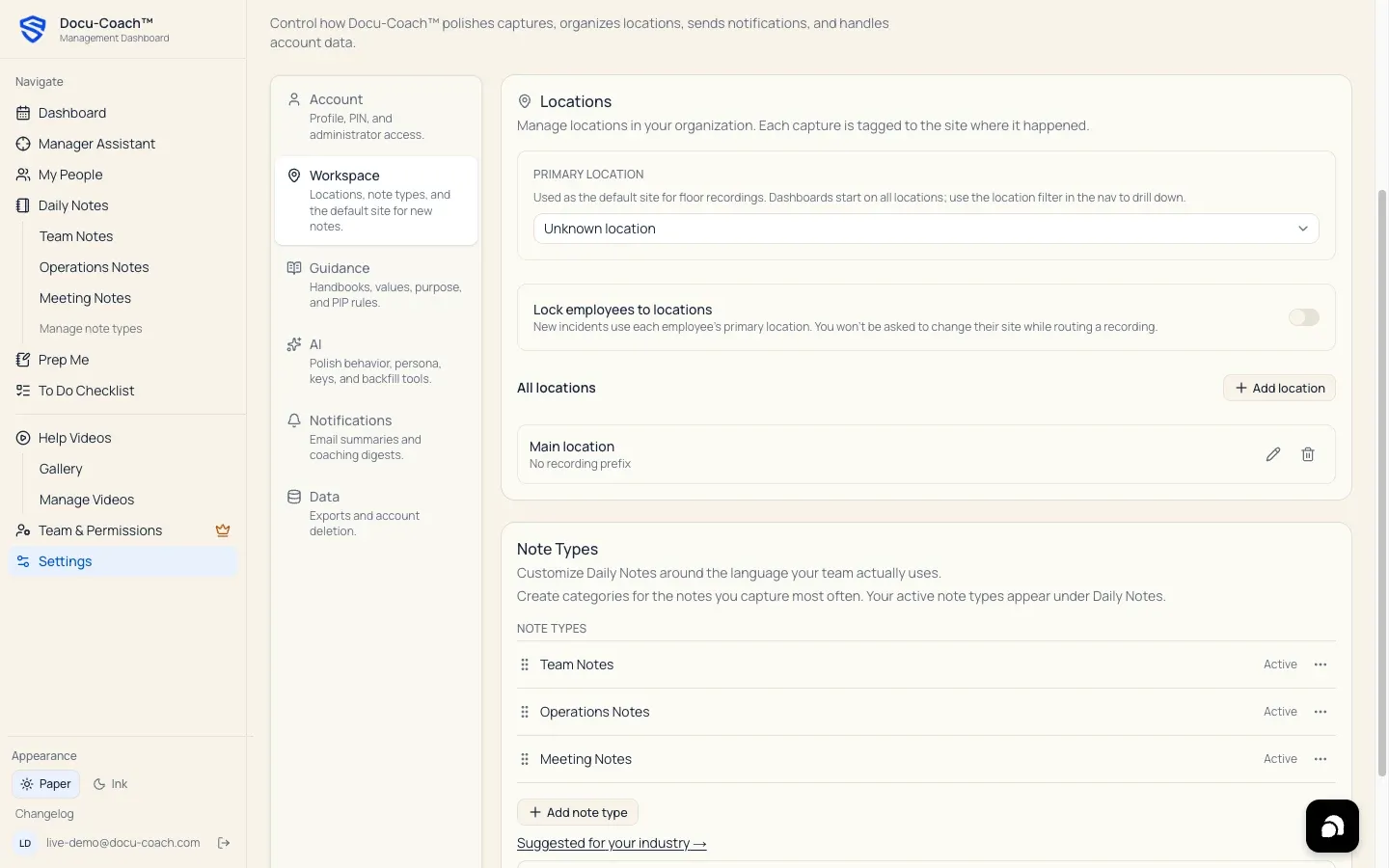 Web Settings Note Types card with Suggested for your industry expanded showing the Industry selector