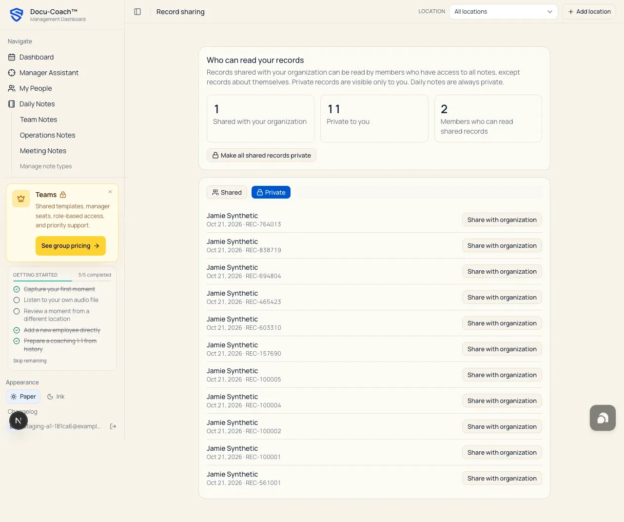 Web Record sharing page showing the Private tab with Share with organization buttons