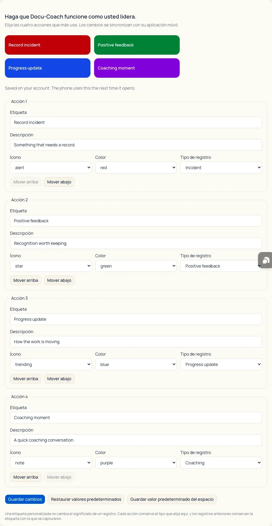 Web Settings Capture tab displayed in Español