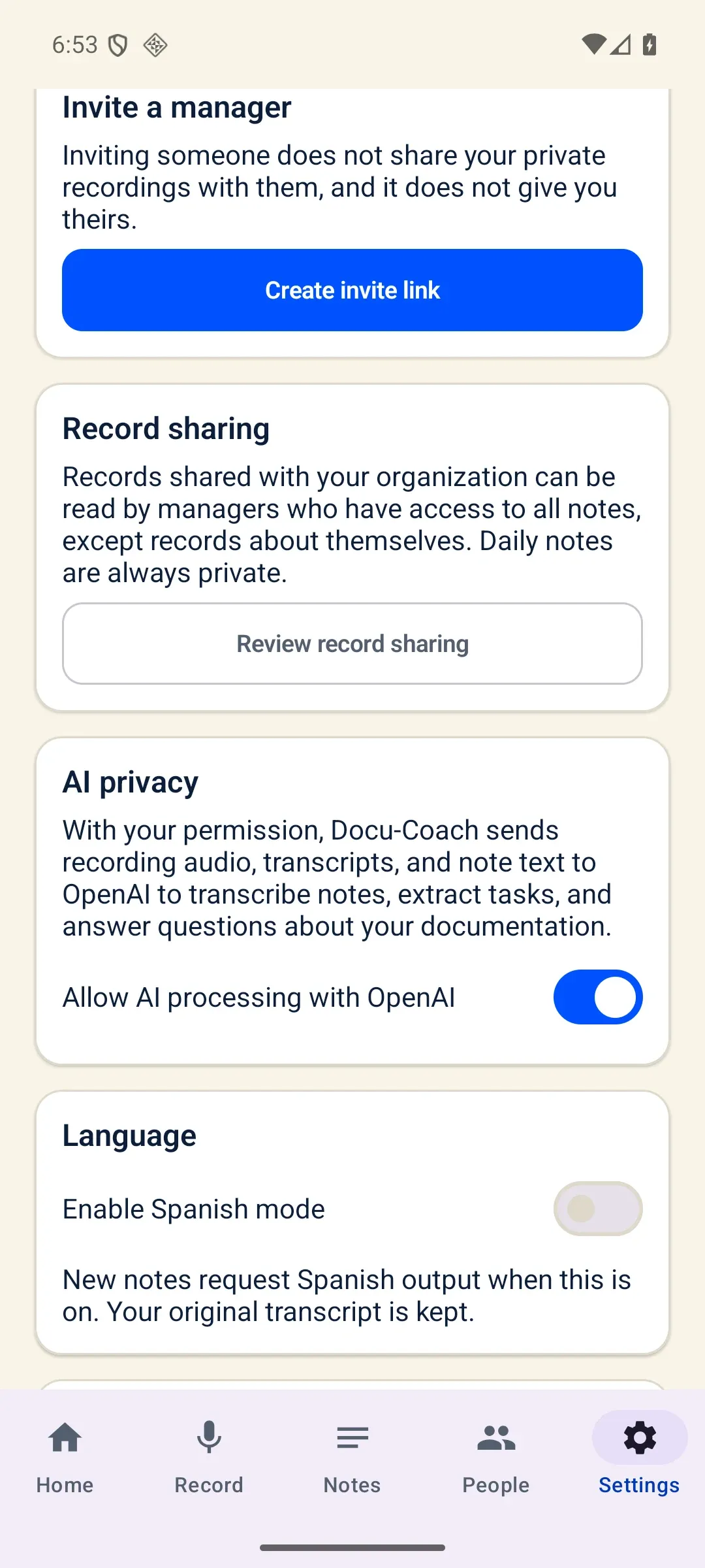 Docu-Coach for Android Settings screen showing account, AI processing consent toggle, and Spanish mode