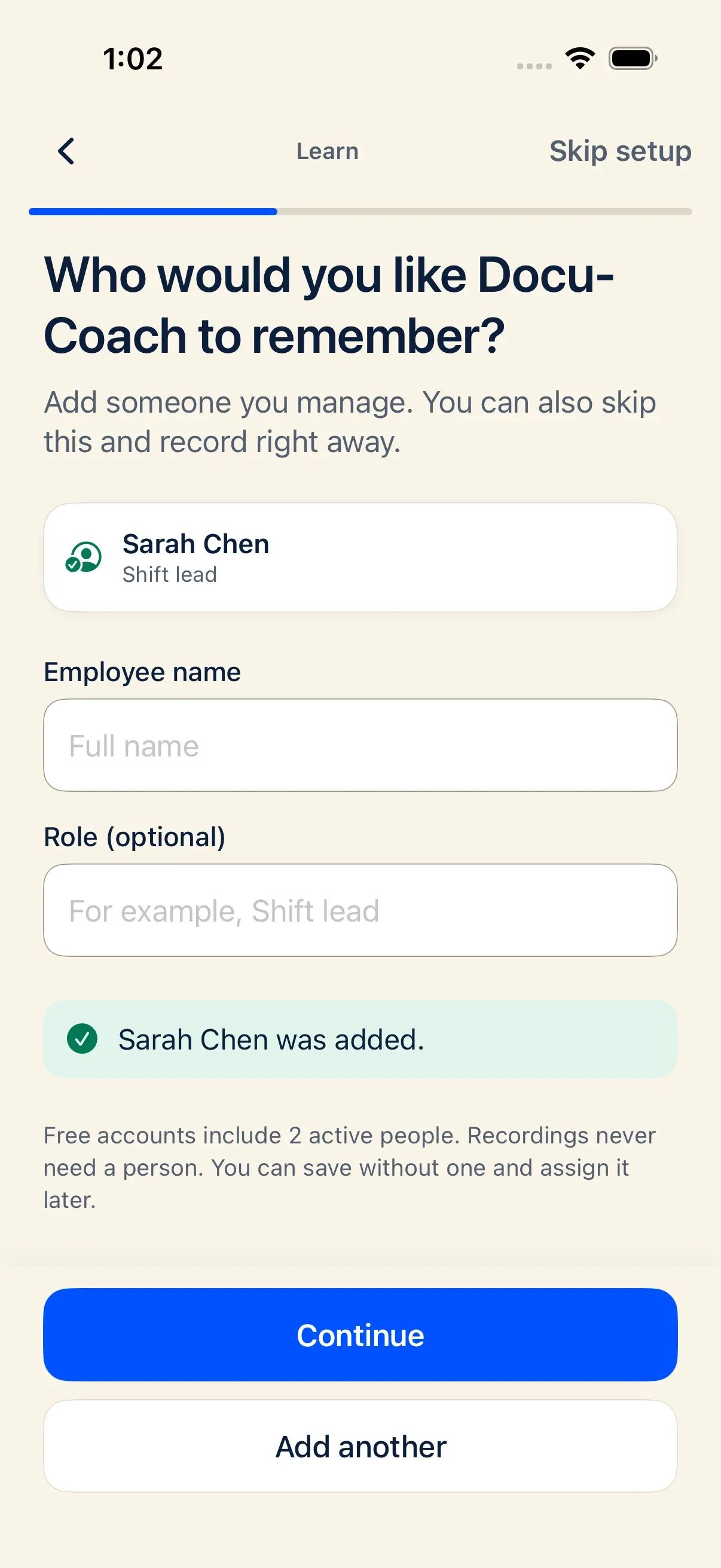 iPhone confirmation screen showing the newly added employee on the roster