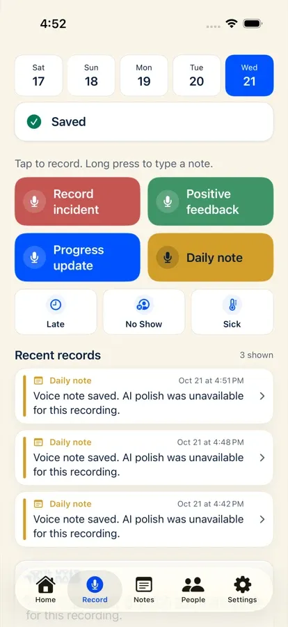 iPhone Record screen showing the saved note under Recent records after recovery succeeds