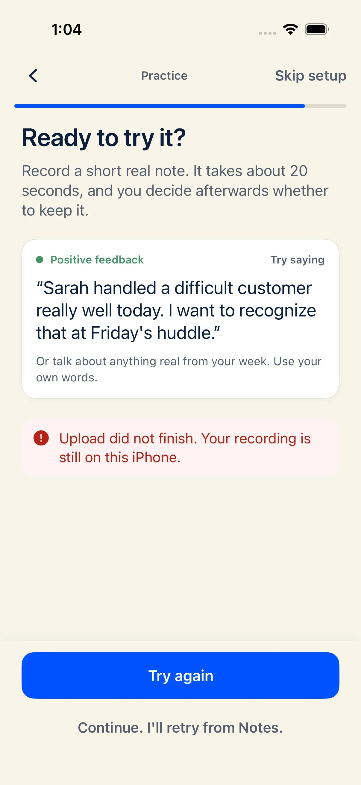 iPhone processing fallback screen explaining that the recording is kept even when polish fails