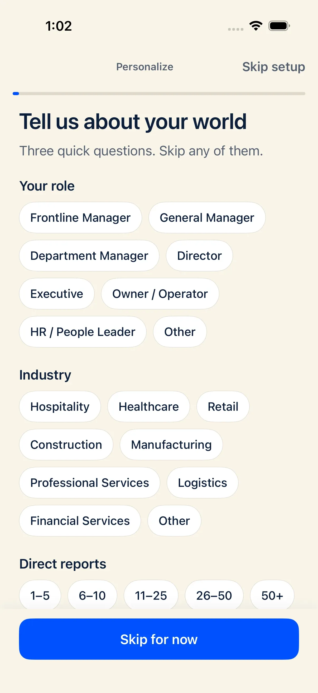iPhone onboarding profile screen for choosing your role and industry