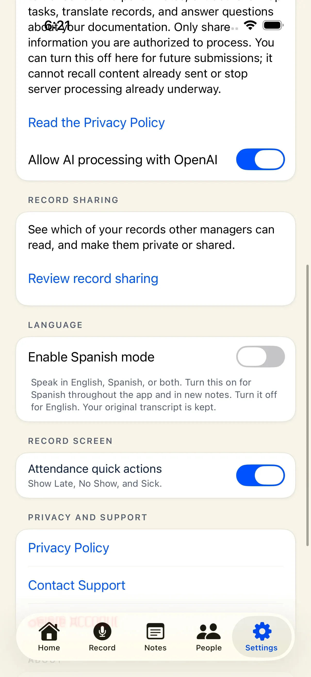 Docu-Coach iPhone Settings tab showing Record sharing and account controls