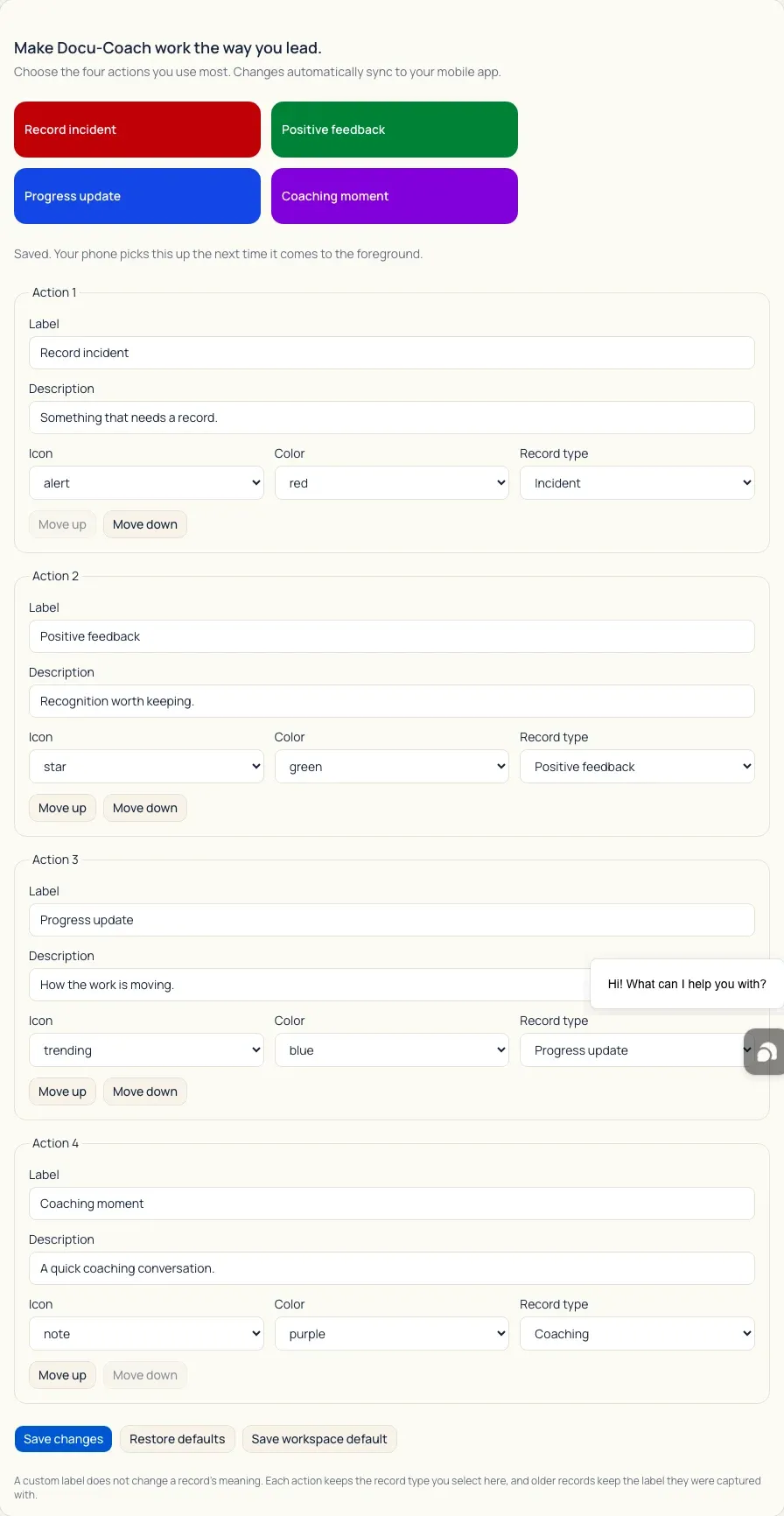 Web Settings Capture tab showing confirmation after saving capture actions