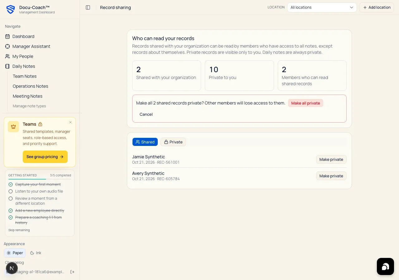 Web Record sharing confirmation prompt to make all shared records private