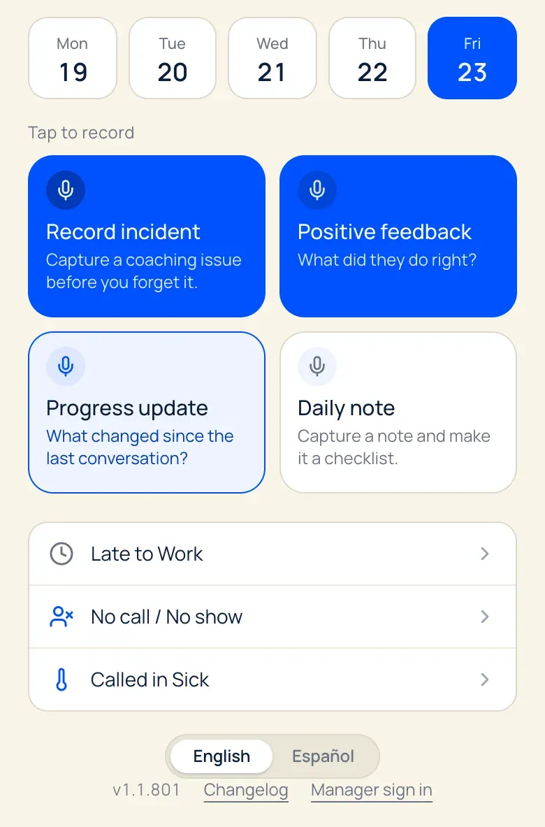 Docu-Coach web record page in a phone browser showing the date strip, four capture actions, and Late to Work, No call / No show, and Called in Sick