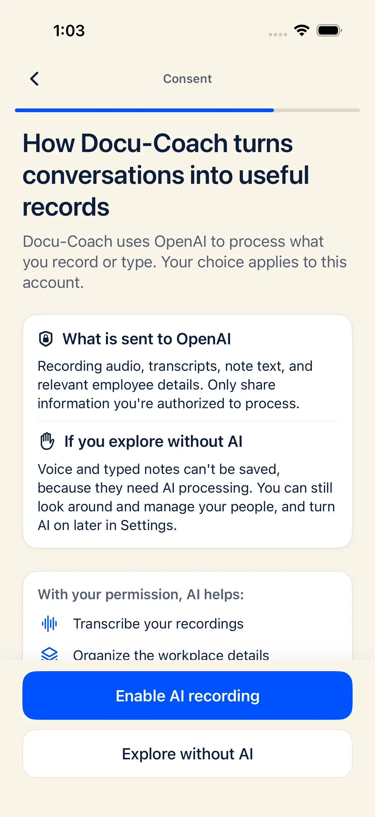 Docu-Coach iPhone one-time OpenAI sharing disclosure screen
