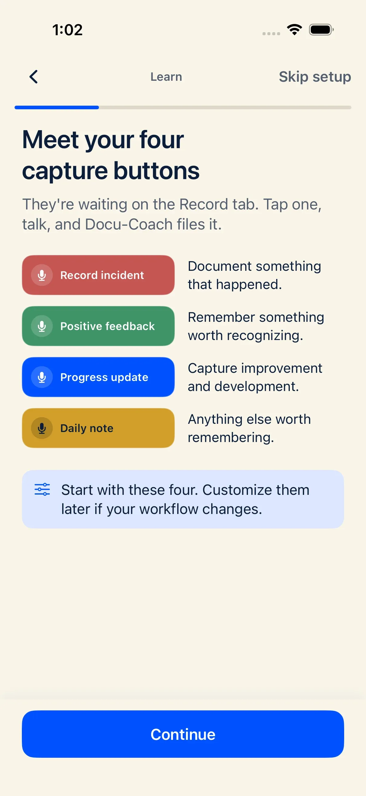 iPhone onboarding preview of the four capture buttons